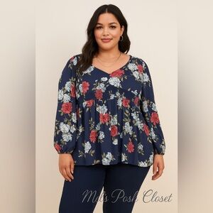 Torrid Navy Floral Blouse with Red and White Accents 🌺✨